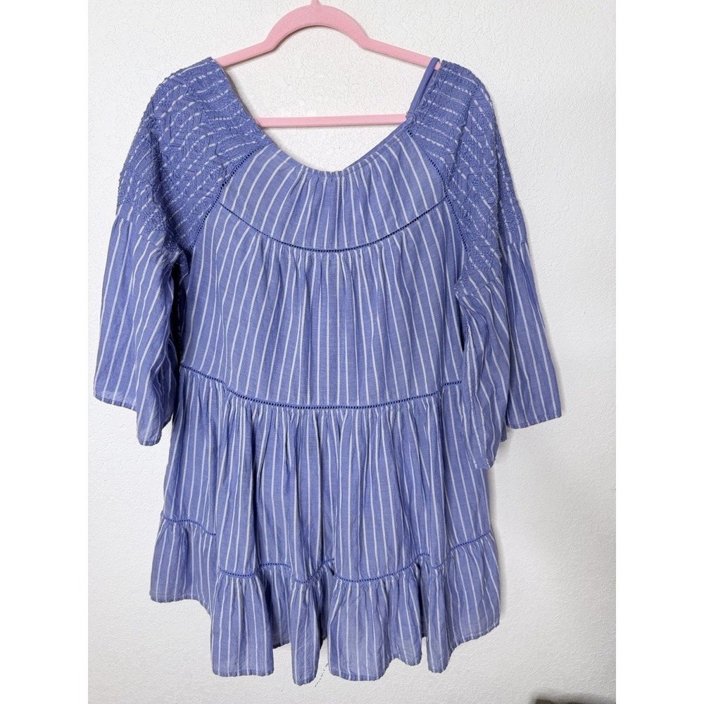 Free People Lola Tiered Embroidered Mini Dress S Cotton Boho Chambray